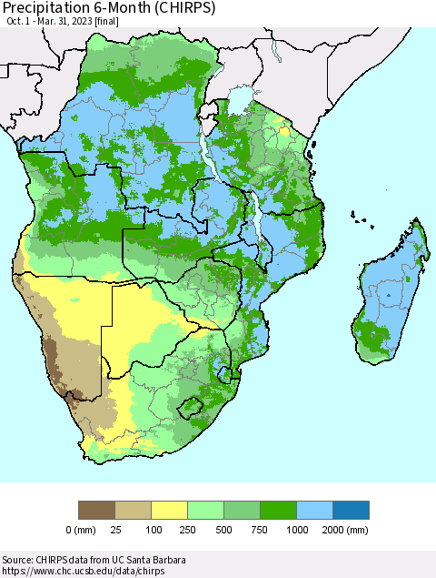 Southern Africa Precipitation 6-Month (CHIRPS) Thematic Map For 10/1/2022 - 3/31/2023