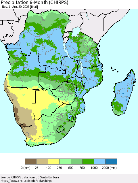 Southern Africa Precipitation 6-Month (CHIRPS) Thematic Map For 11/1/2022 - 4/30/2023