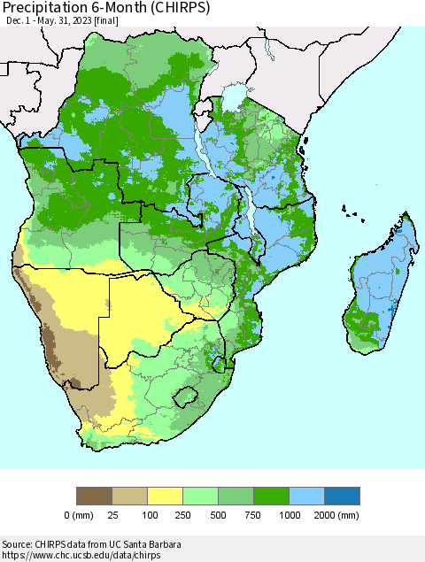 Southern Africa Precipitation 6-Month (CHIRPS) Thematic Map For 12/1/2022 - 5/31/2023