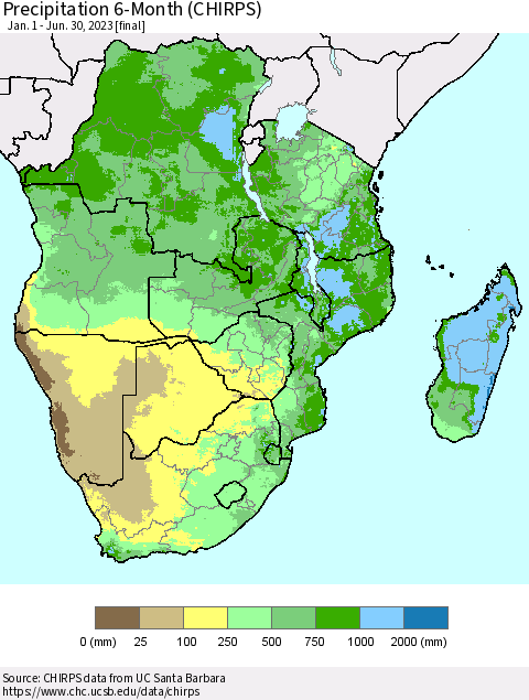 Southern Africa Precipitation 6-Month (CHIRPS) Thematic Map For 1/1/2023 - 6/30/2023