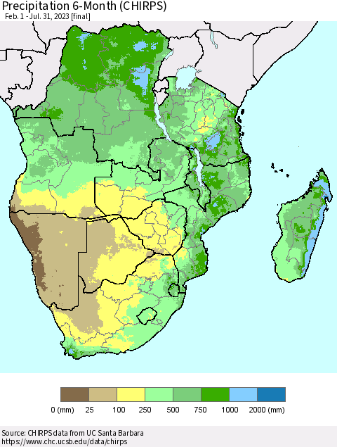 Southern Africa Precipitation 6-Month (CHIRPS) Thematic Map For 2/1/2023 - 7/31/2023