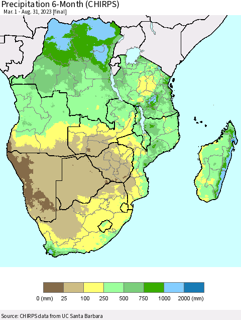 Southern Africa Precipitation 6-Month (CHIRPS) Thematic Map For 3/1/2023 - 8/31/2023