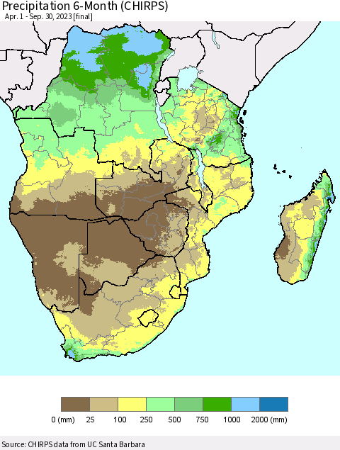 Southern Africa Precipitation 6-Month (CHIRPS) Thematic Map For 4/1/2023 - 9/30/2023