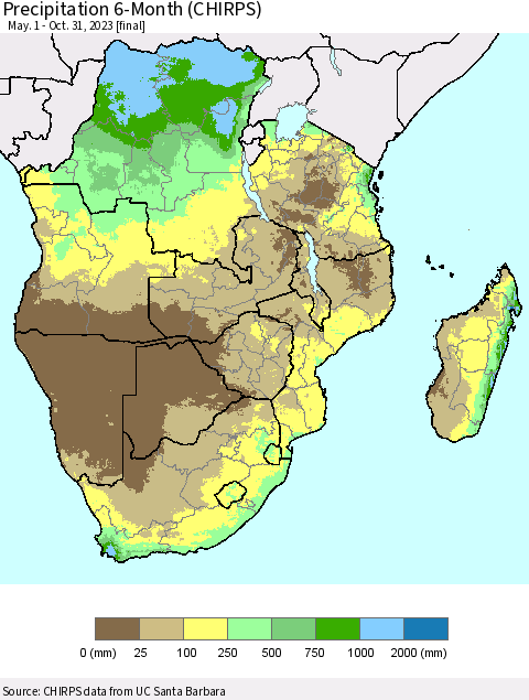 Southern Africa Precipitation 6-Month (CHIRPS) Thematic Map For 5/1/2023 - 10/31/2023