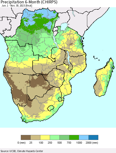 Southern Africa Precipitation 6-Month (CHIRPS) Thematic Map For 6/1/2023 - 11/30/2023