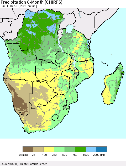 Southern Africa Precipitation 6-Month (CHIRPS) Thematic Map For 7/1/2023 - 12/31/2023