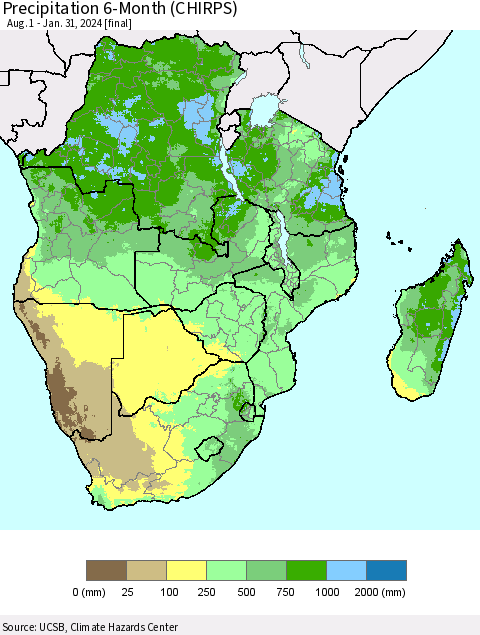 Southern Africa Precipitation 6-Month (CHIRPS) Thematic Map For 8/1/2023 - 1/31/2024