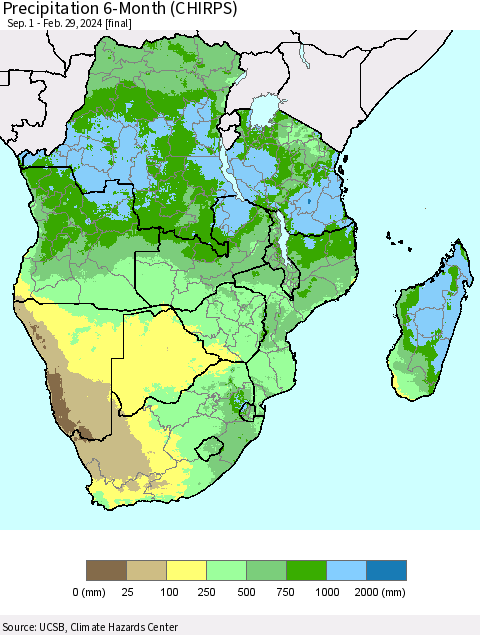 Southern Africa Precipitation 6-Month (CHIRPS) Thematic Map For 9/1/2023 - 2/29/2024