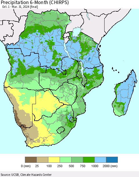 Southern Africa Precipitation 6-Month (CHIRPS) Thematic Map For 10/1/2023 - 3/31/2024