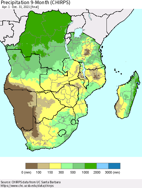 Southern Africa Precipitation 9-Month (CHIRPS) Thematic Map For 4/1/2021 - 12/31/2021