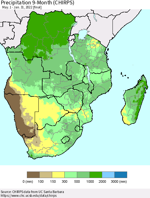 Southern Africa Precipitation 9-Month (CHIRPS) Thematic Map For 5/1/2021 - 1/31/2022