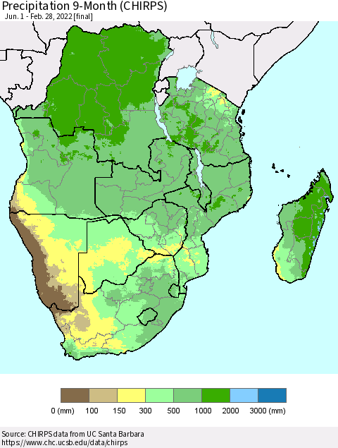 Southern Africa Precipitation 9-Month (CHIRPS) Thematic Map For 6/1/2021 - 2/28/2022