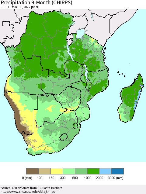 Southern Africa Precipitation 9-Month (CHIRPS) Thematic Map For 7/1/2021 - 3/31/2022