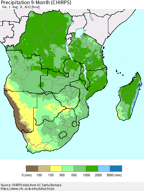 Southern Africa Precipitation 9-Month (CHIRPS) Thematic Map For 12/1/2021 - 8/31/2022