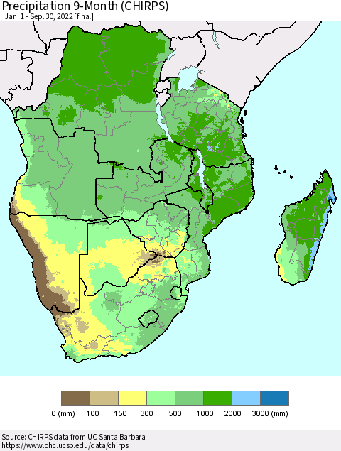 Southern Africa Precipitation 9-Month (CHIRPS) Thematic Map For 1/1/2022 - 9/30/2022