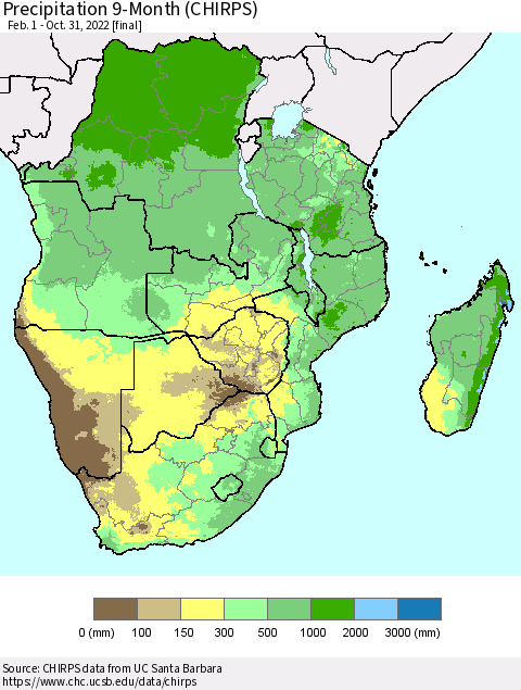 Southern Africa Precipitation 9-Month (CHIRPS) Thematic Map For 2/1/2022 - 10/31/2022