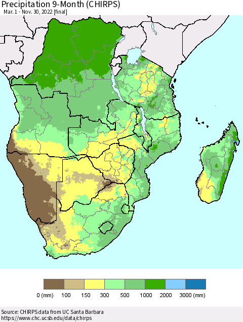 Southern Africa Precipitation 9-Month (CHIRPS) Thematic Map For 3/1/2022 - 11/30/2022
