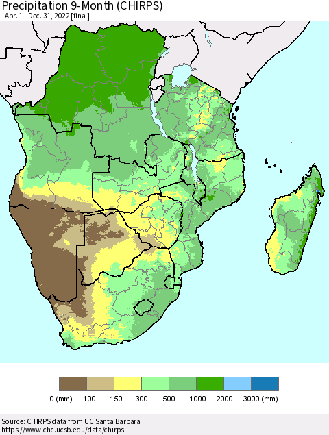 Southern Africa Precipitation 9-Month (CHIRPS) Thematic Map For 4/1/2022 - 12/31/2022