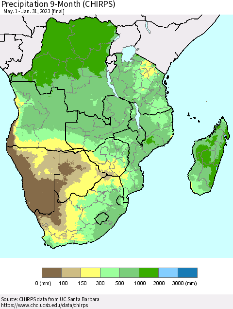 Southern Africa Precipitation 9-Month (CHIRPS) Thematic Map For 5/1/2022 - 1/31/2023