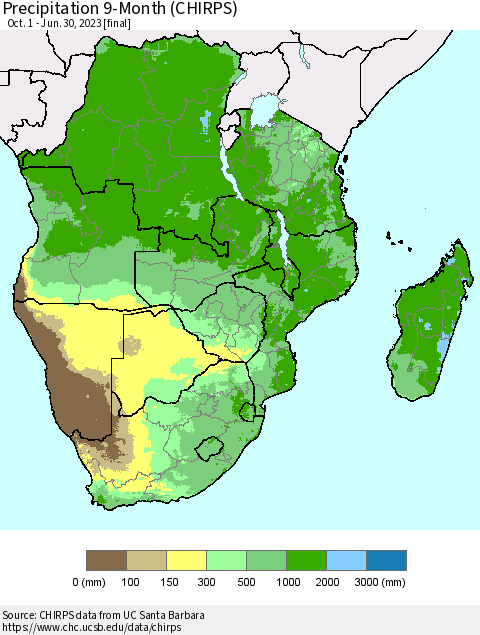 Southern Africa Precipitation 9-Month (CHIRPS) Thematic Map For 10/1/2022 - 6/30/2023