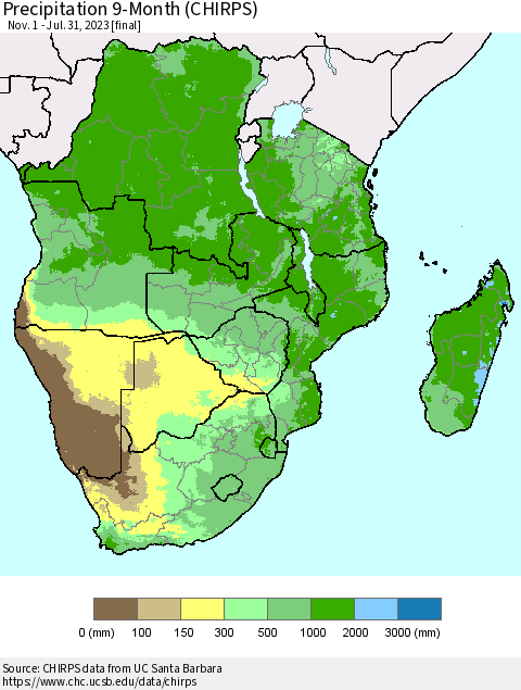 Southern Africa Precipitation 9-Month (CHIRPS) Thematic Map For 11/1/2022 - 7/31/2023