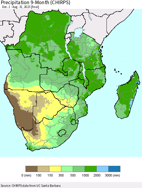 Southern Africa Precipitation 9-Month (CHIRPS) Thematic Map For 12/1/2022 - 8/31/2023