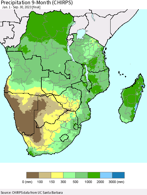 Southern Africa Precipitation 9-Month (CHIRPS) Thematic Map For 1/1/2023 - 9/30/2023