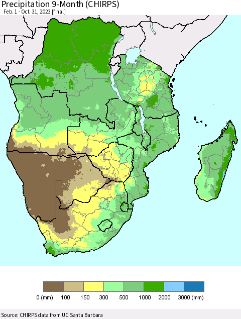 Southern Africa Precipitation 9-Month (CHIRPS) Thematic Map For 2/1/2023 - 10/31/2023
