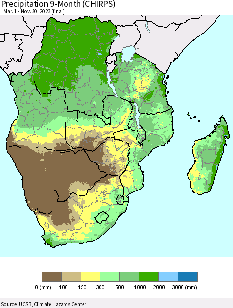 Southern Africa Precipitation 9-Month (CHIRPS) Thematic Map For 3/1/2023 - 11/30/2023