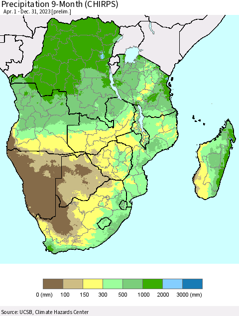 Southern Africa Precipitation 9-Month (CHIRPS) Thematic Map For 4/1/2023 - 12/31/2023