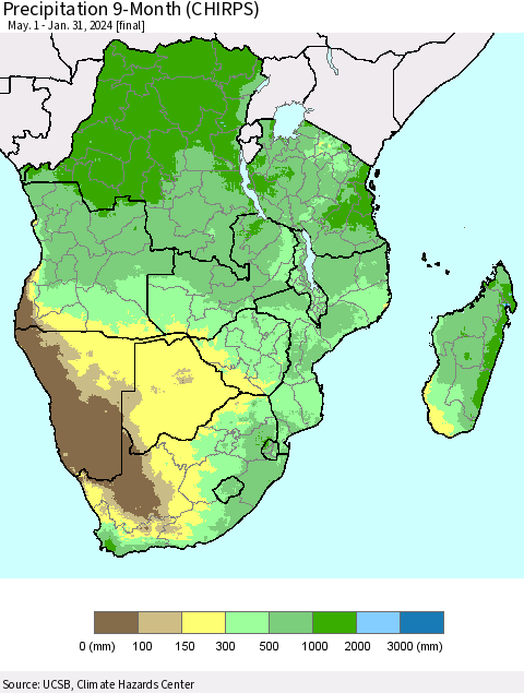 Southern Africa Precipitation 9-Month (CHIRPS) Thematic Map For 5/1/2023 - 1/31/2024