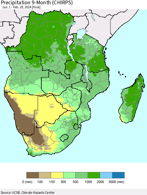 Southern Africa Precipitation 9-Month (CHIRPS) Thematic Map For 6/1/2023 - 2/29/2024