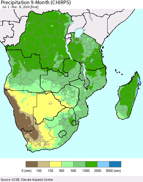 Southern Africa Precipitation 9-Month (CHIRPS) Thematic Map For 7/1/2023 - 3/31/2024