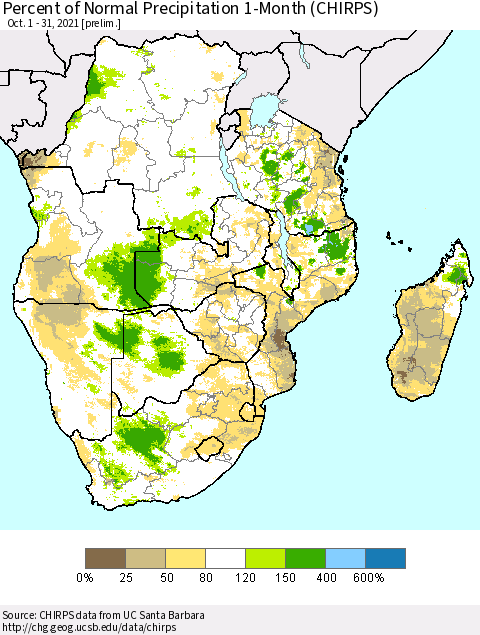 Southern Africa Percent of Normal Precipitation 1-Month (CHIRPS) Thematic Map For 10/1/2021 - 10/31/2021