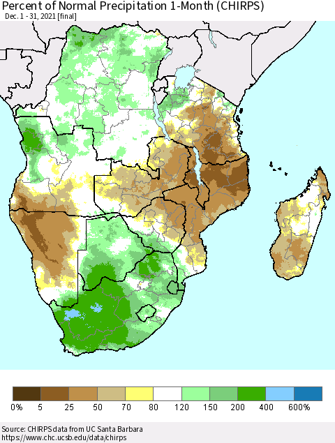 Southern Africa Percent of Normal Precipitation 1-Month (CHIRPS) Thematic Map For 12/1/2021 - 12/31/2021
