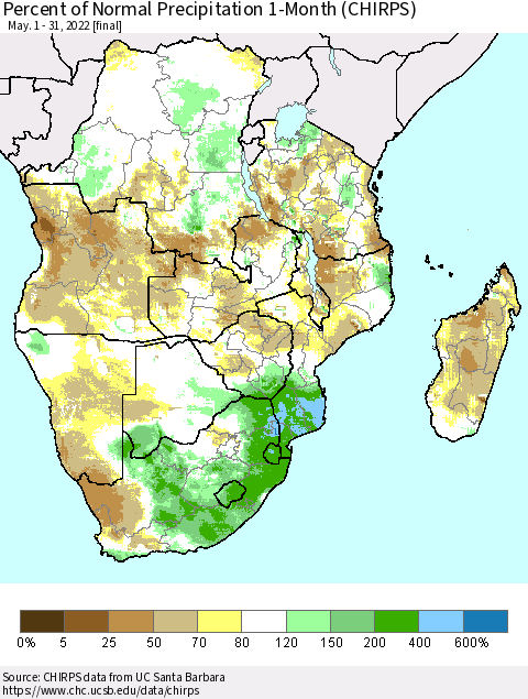 Southern Africa Percent of Normal Precipitation 1-Month (CHIRPS) Thematic Map For 5/1/2022 - 5/31/2022