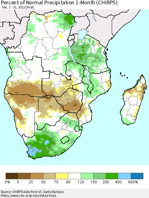 Southern Africa Percent of Normal Precipitation 1-Month (CHIRPS) Thematic Map For 12/1/2022 - 12/31/2022