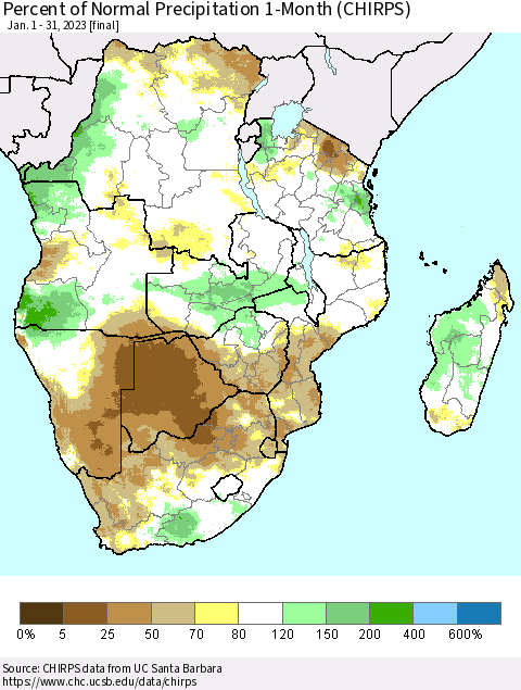 Southern Africa Percent of Normal Precipitation 1-Month (CHIRPS) Thematic Map For 1/1/2023 - 1/31/2023