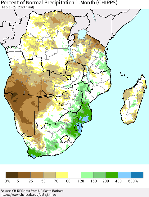 Southern Africa Percent of Normal Precipitation 1-Month (CHIRPS) Thematic Map For 2/1/2023 - 2/28/2023