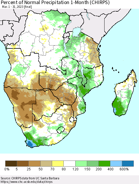 Southern Africa Percent of Normal Precipitation 1-Month (CHIRPS) Thematic Map For 3/1/2023 - 3/31/2023