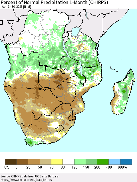 Southern Africa Percent of Normal Precipitation 1-Month (CHIRPS) Thematic Map For 4/1/2023 - 4/30/2023