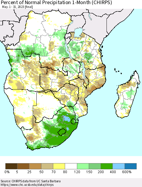Southern Africa Percent of Normal Precipitation 1-Month (CHIRPS) Thematic Map For 5/1/2023 - 5/31/2023