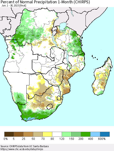Southern Africa Percent of Normal Precipitation 1-Month (CHIRPS) Thematic Map For 6/1/2023 - 6/30/2023
