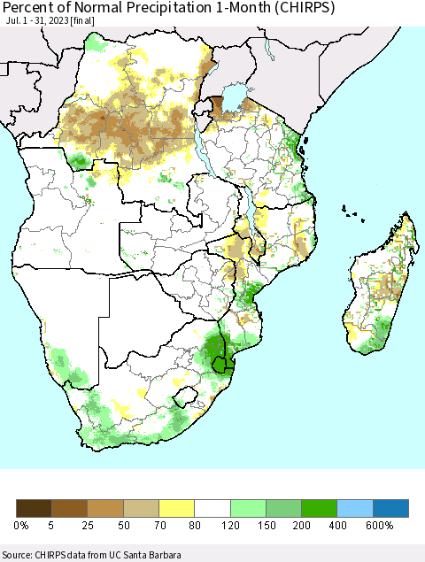 Southern Africa Percent of Normal Precipitation 1-Month (CHIRPS) Thematic Map For 7/1/2023 - 7/31/2023
