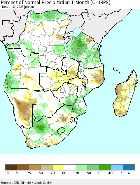 Southern Africa Percent of Normal Precipitation 1-Month (CHIRPS) Thematic Map For 12/1/2023 - 12/31/2023