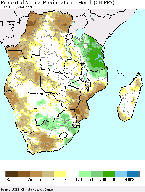 Southern Africa Percent of Normal Precipitation 1-Month (CHIRPS) Thematic Map For 1/1/2024 - 1/31/2024