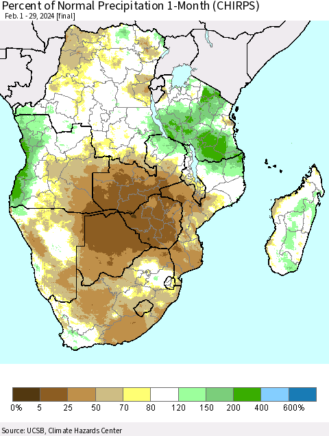 Southern Africa Percent of Normal Precipitation 1-Month (CHIRPS) Thematic Map For 2/1/2024 - 2/29/2024