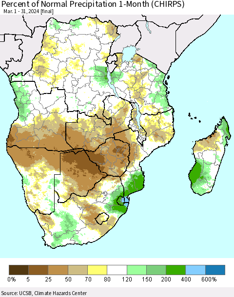 Southern Africa Percent of Normal Precipitation 1-Month (CHIRPS) Thematic Map For 3/1/2024 - 3/31/2024