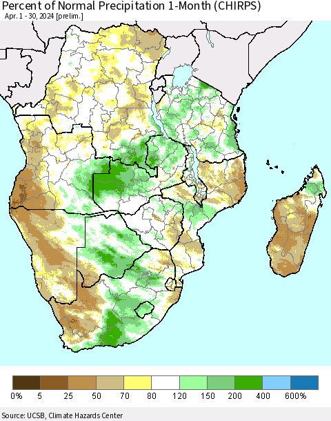 Southern Africa Percent of Normal Precipitation 1-Month (CHIRPS) Thematic Map For 4/1/2024 - 4/30/2024
