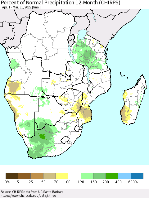Southern Africa Percent of Normal Precipitation 12-Month (CHIRPS) Thematic Map For 4/1/2021 - 3/31/2022